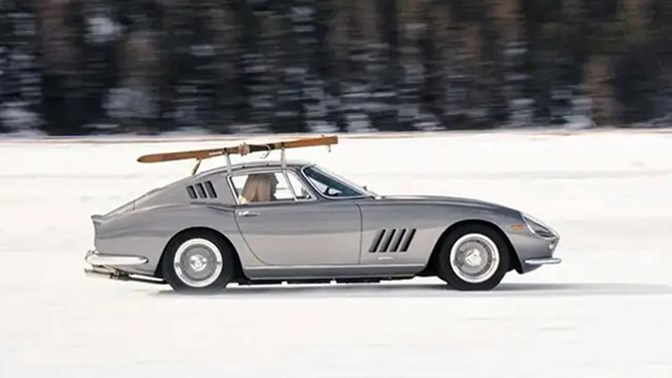 1960's car driving in the snow during the Ice St-Moritz