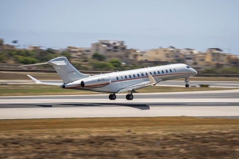 VistaJet Global 7500 Jet taking off on a runway
