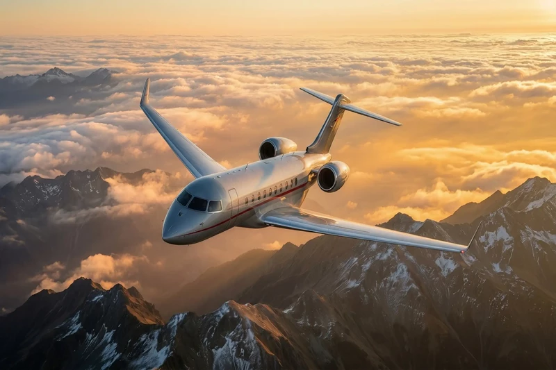 the VistaJet Bombardier Global 8000 flying through the mountains