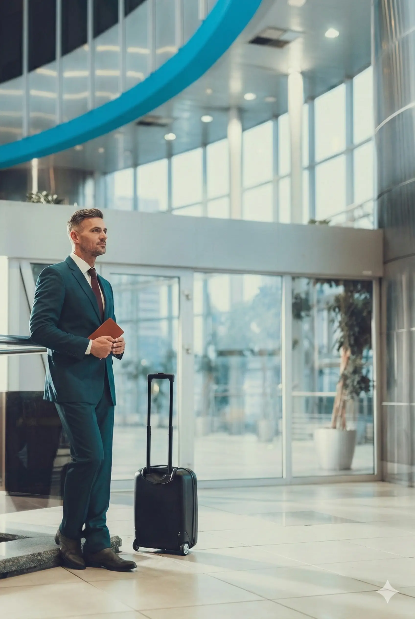 Man waiting at private airport with passport